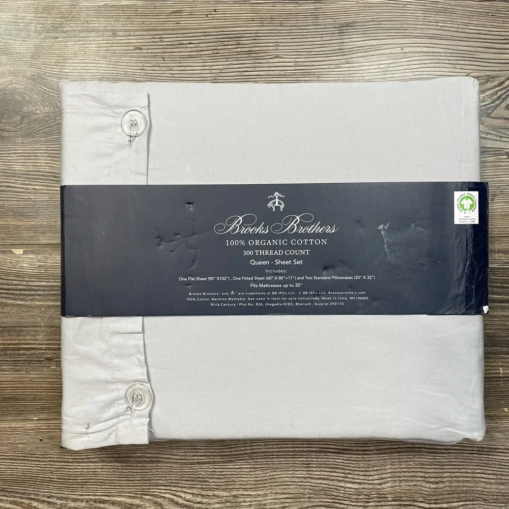 BROOKS‎ BROTHERS Organic Cotton 300 Thread Count Gray 4PC QUEEN Sheet Set NWT